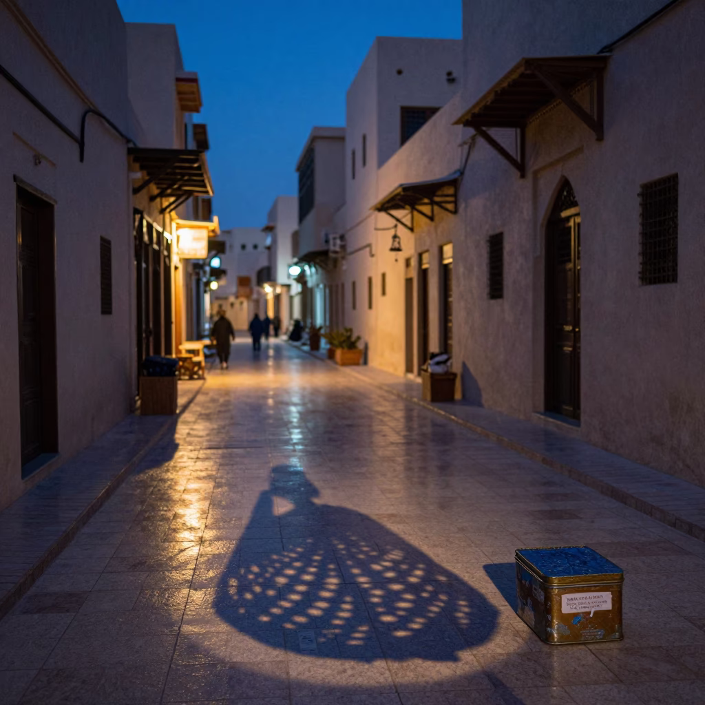 Muscat Oman Blue Hour Street Scene with Wicker Shadow and Tin Box in in Muscat, Oman