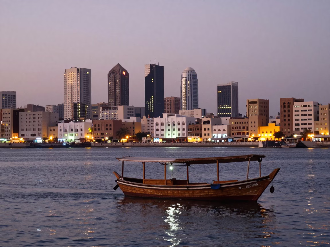 Muscat Oman Cityscape at Dusk with Traditional Dhow Boats and Mountain Backdrop in in Muscat, Oman