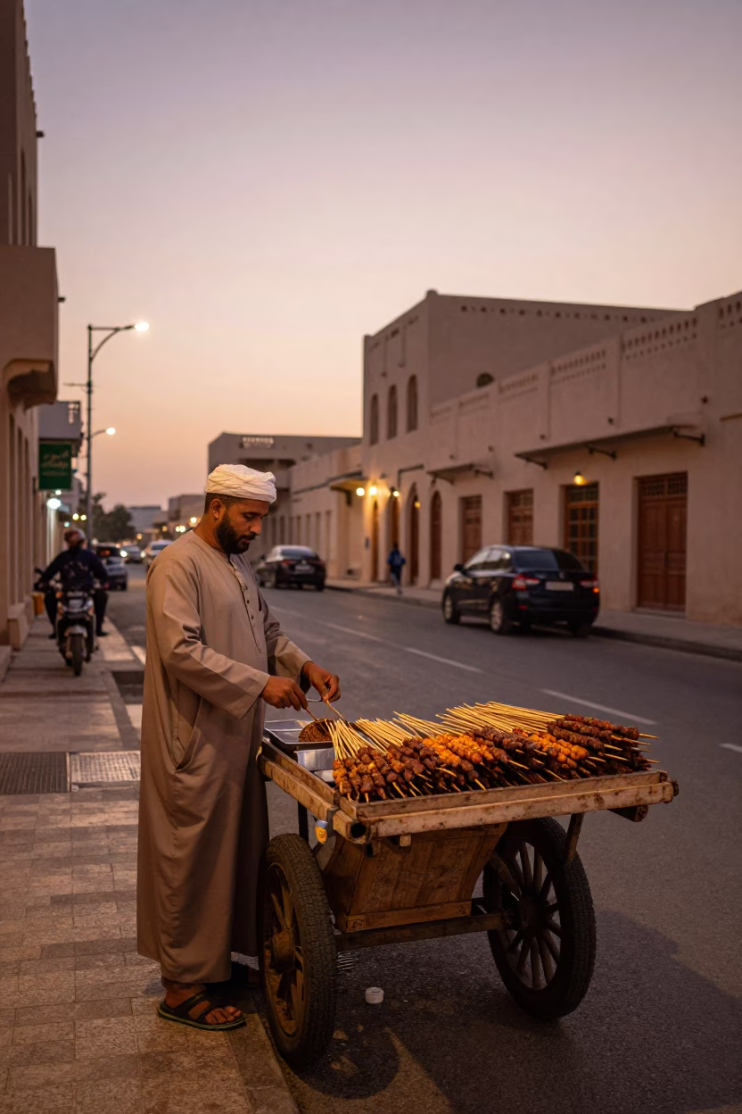Muscat Oman Copper Dusk Street Scene with Local Vendor and Traditional Architecture in in Muscat, Oman