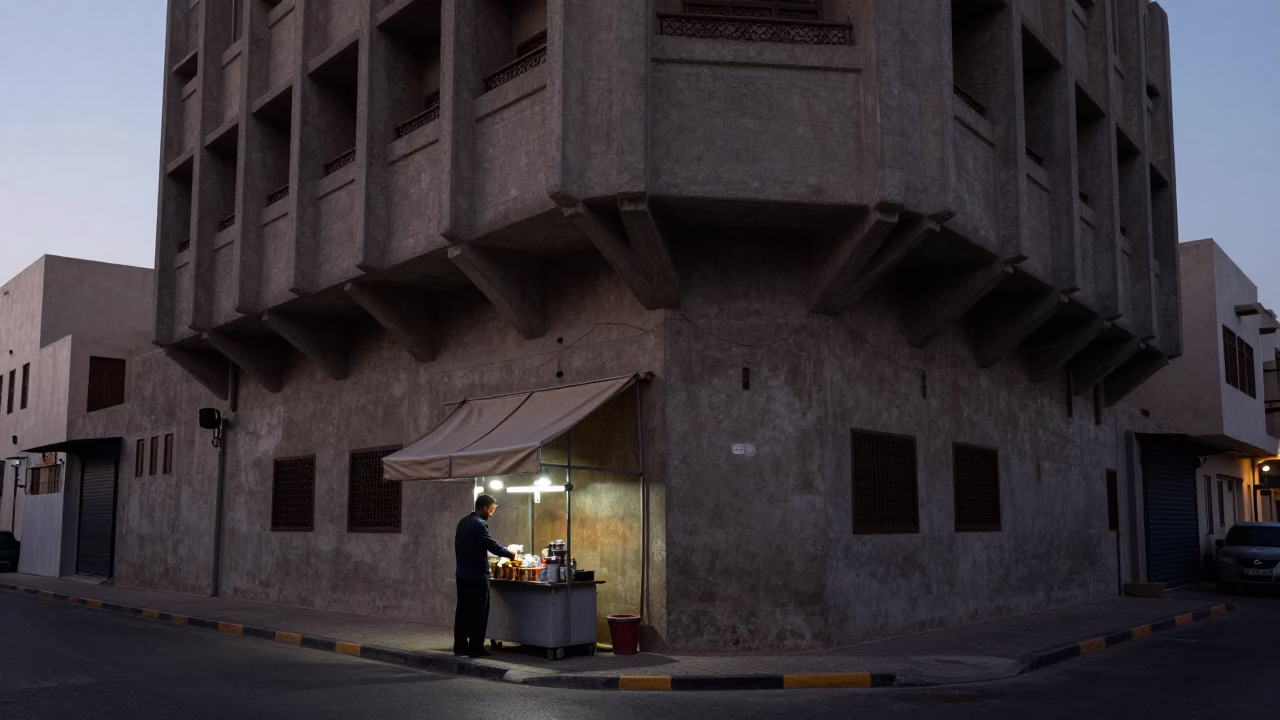 Muscat Oman Dawn Street Scene with Concrete Brutalist Architecture and Local Market Activity in in Muscat, Oman