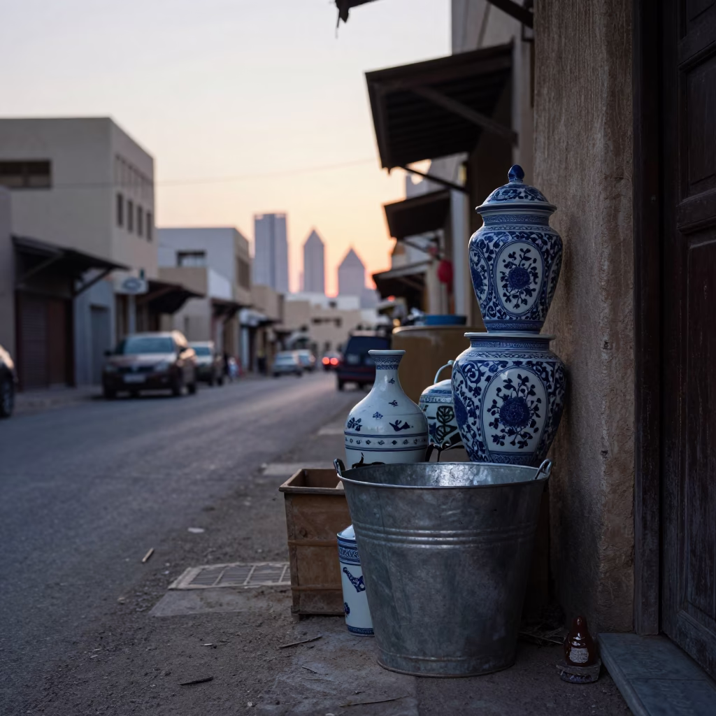 Muscat Oman Dawn Street Scene with Metal Bucket and Porcelain Jar in in Muscat, Oman