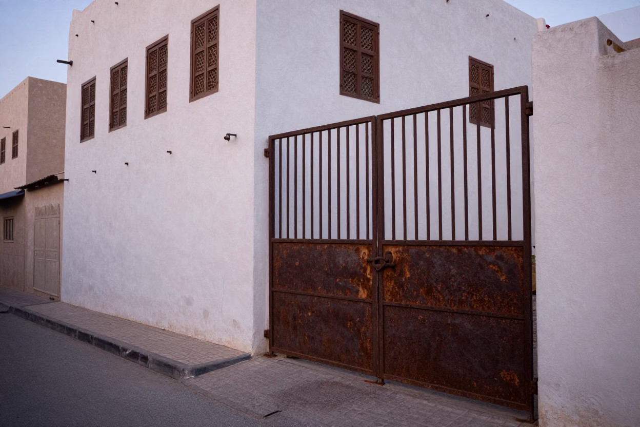 Muscat Oman Dawn Street Scene with Rusty Metal Gate and Traditional Architecture in in Muscat, Oman