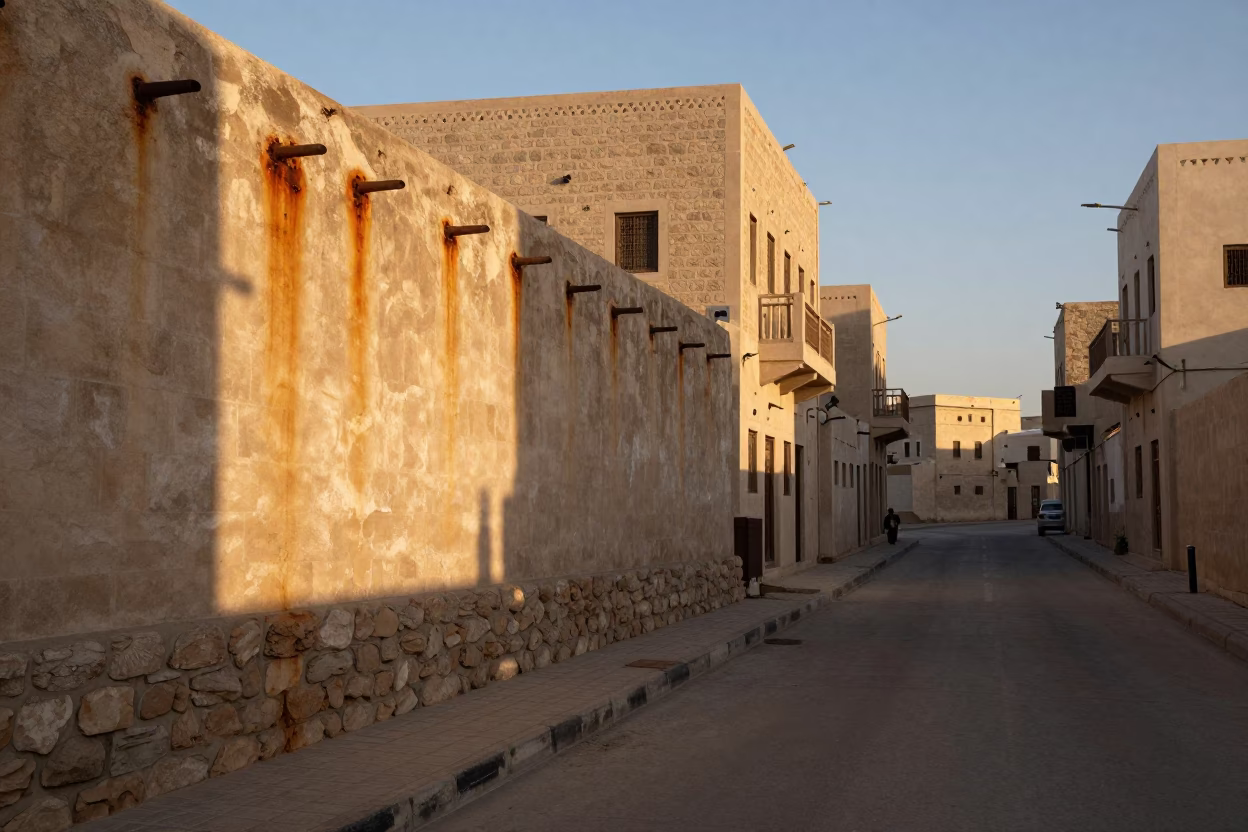 Muscat Oman Dawn Street Scene with Rusty Wall and Clay Pot in in Muscat, Oman