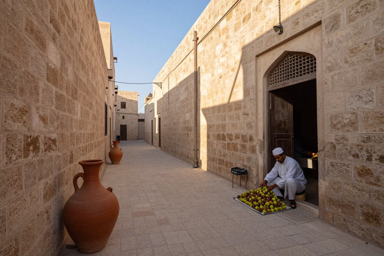 Muscat Oman Dawn Street Scene with Traditional Clay Pot and Black Skimmer Bird in in Muscat, Oman