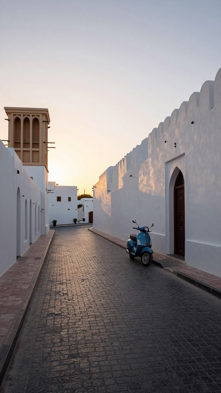 Muscat Oman Dawn Street Scene with Vintage Vespa on Cobblestone Lane in in Muscat, Oman