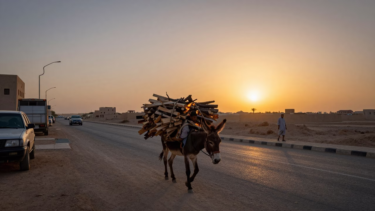 Muscat Oman Dusk Street Scene Man Loading Donkey Firewood Sunset Light in in Muscat, Oman