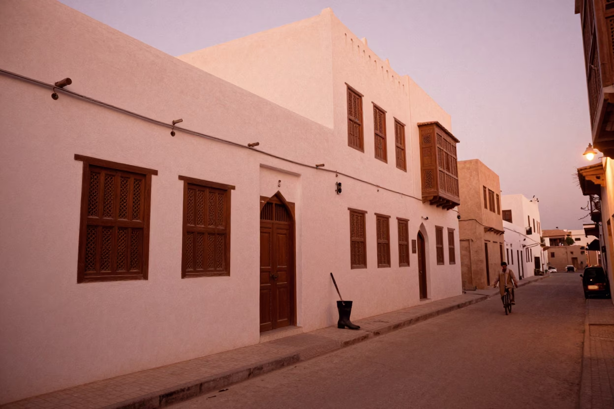 Muscat Oman Dusk Street Scene with Boot Scraper and Traditional Architecture in in Muscat, Oman