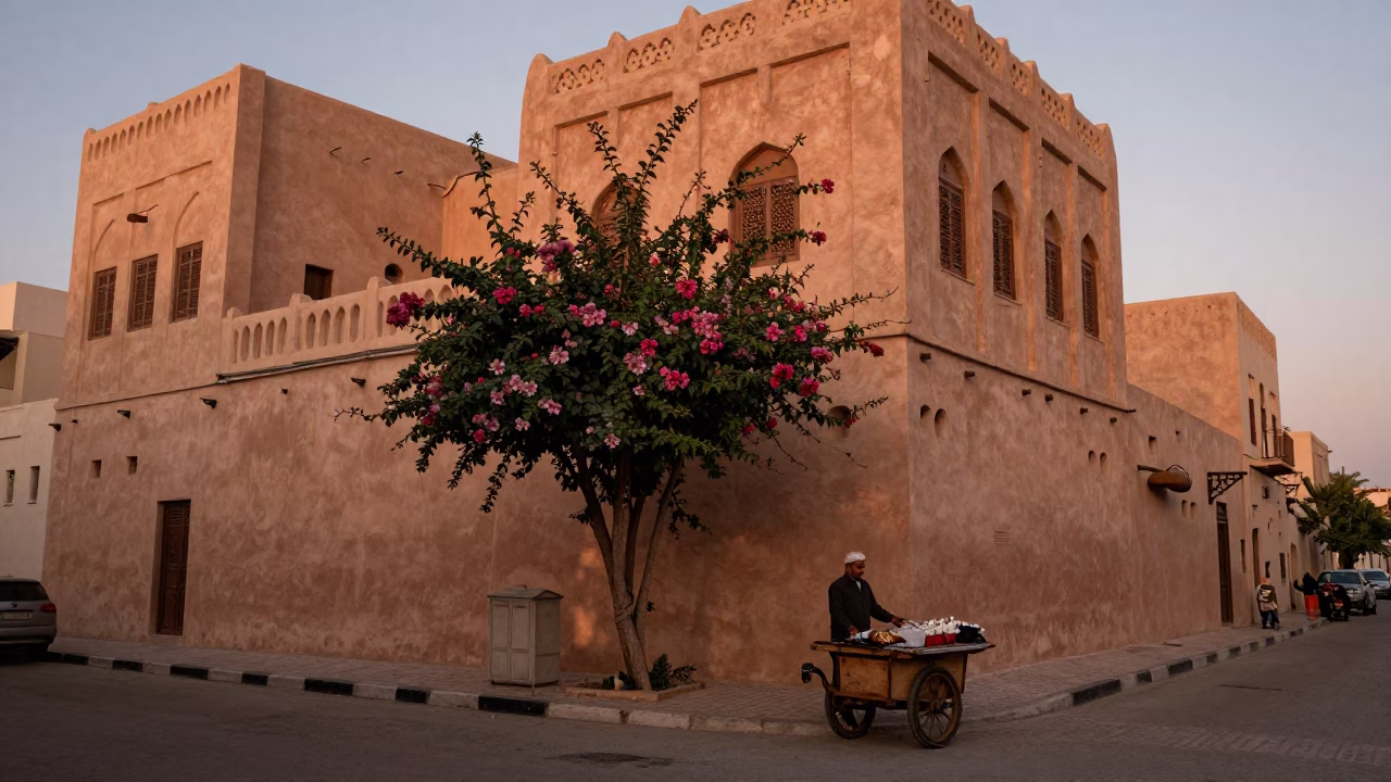 Muscat Oman Dusk Street Scene with Flowering Plant and Traditional Tea Service in in Muscat, Oman