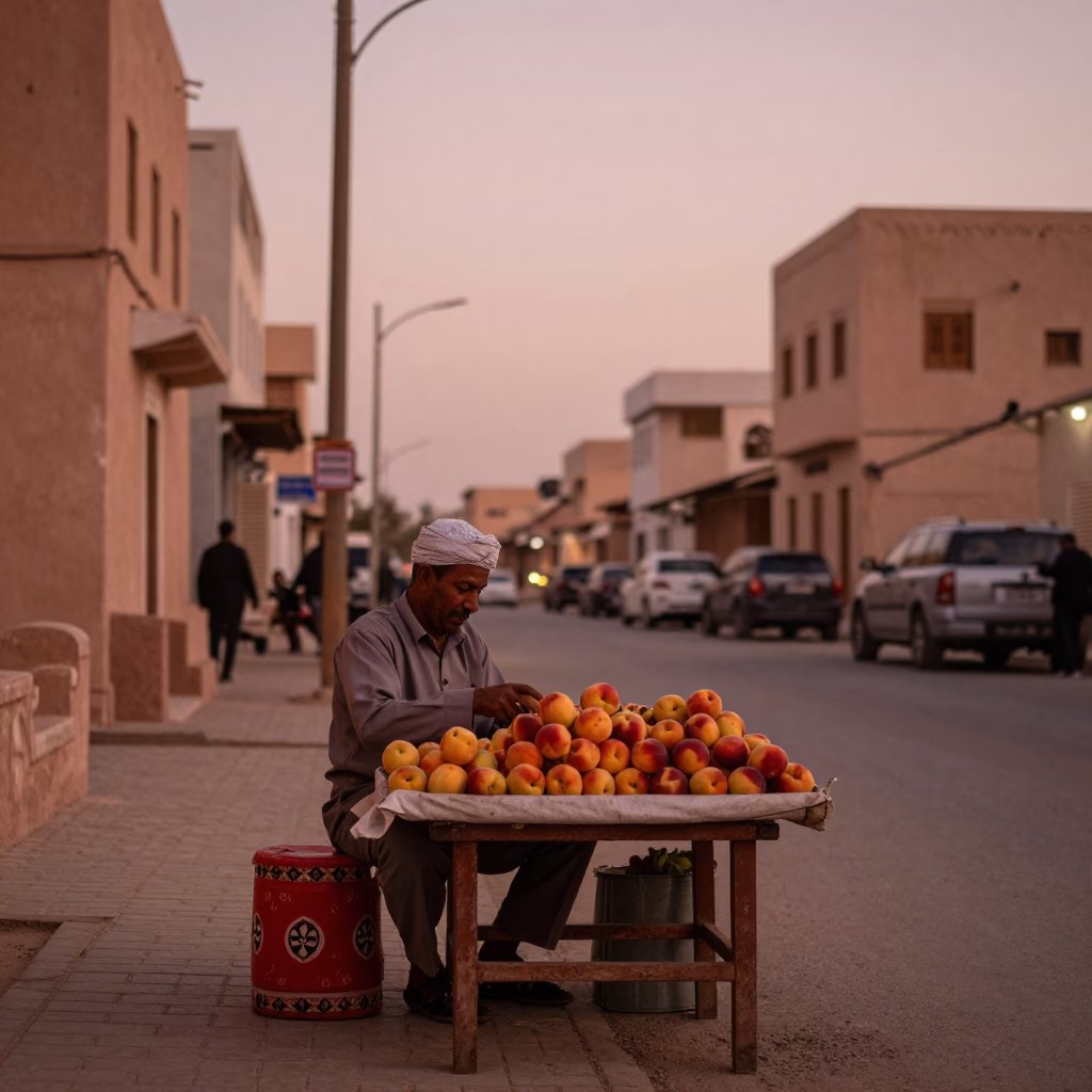 Muscat Oman Dusk Street Scene with Nectarines and Traditional Stool in Copper Light in in Muscat, Oman