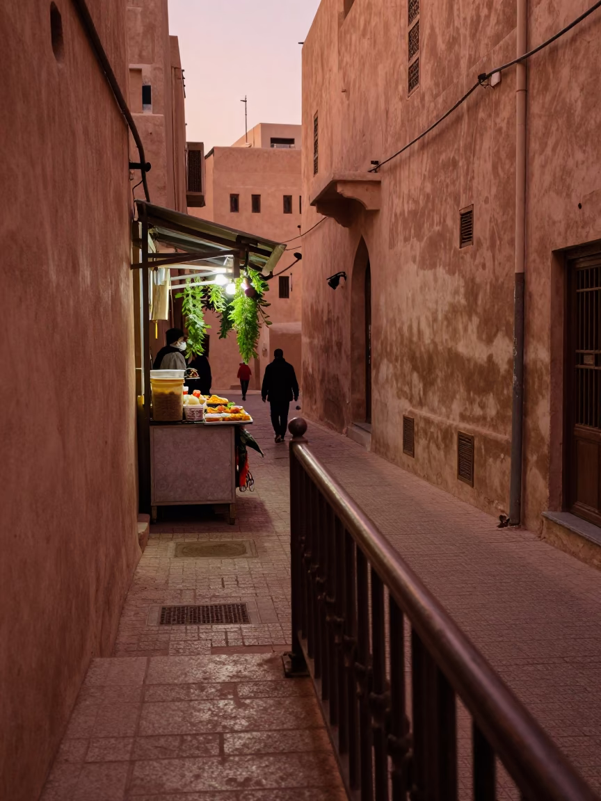 Muscat Oman Dusk Street Scene with Stair Rail and Herb Vendor in in Muscat, Oman
