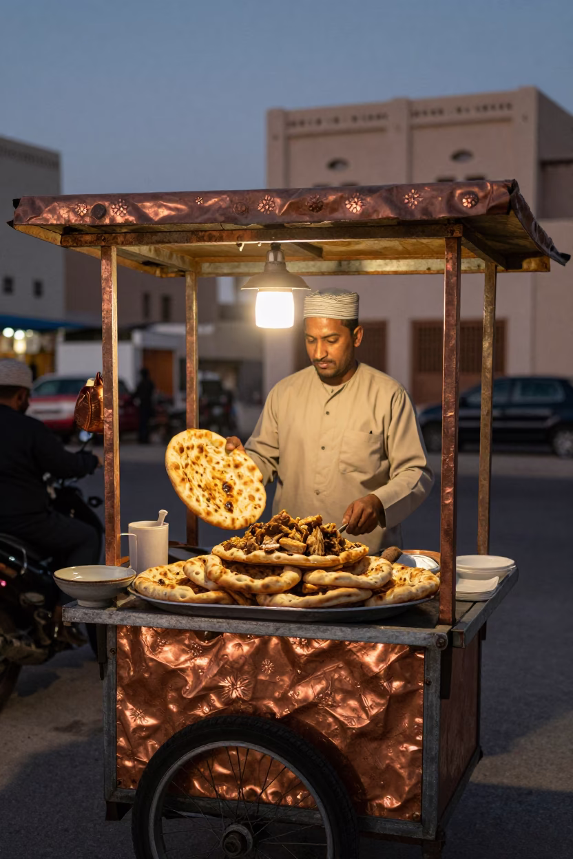 Muscat Oman Dusk Street Vendor Serving Mansaf Flatbread Copper Light in in Muscat, Oman
