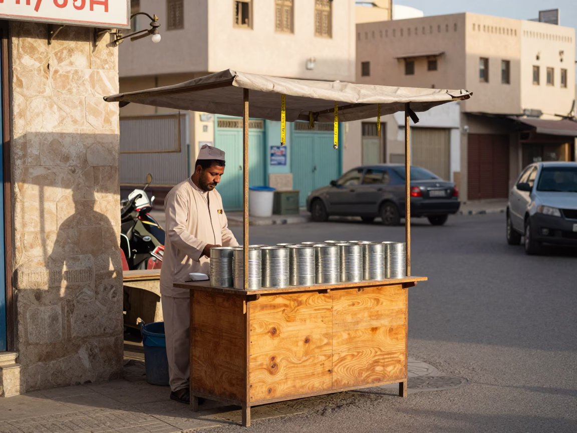 Muscat Oman Early Afternoon Street Scene with Measuring Tapes and Canister Set in in Muscat, Oman