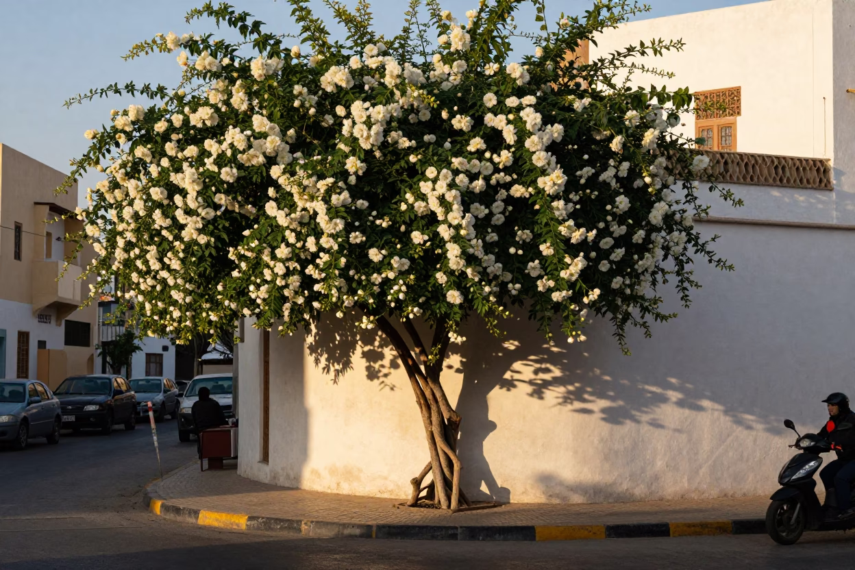 Muscat Oman Early Evening Street Scene with Climbing Jasmine and Brushed Steel Chair in in Muscat, Oman