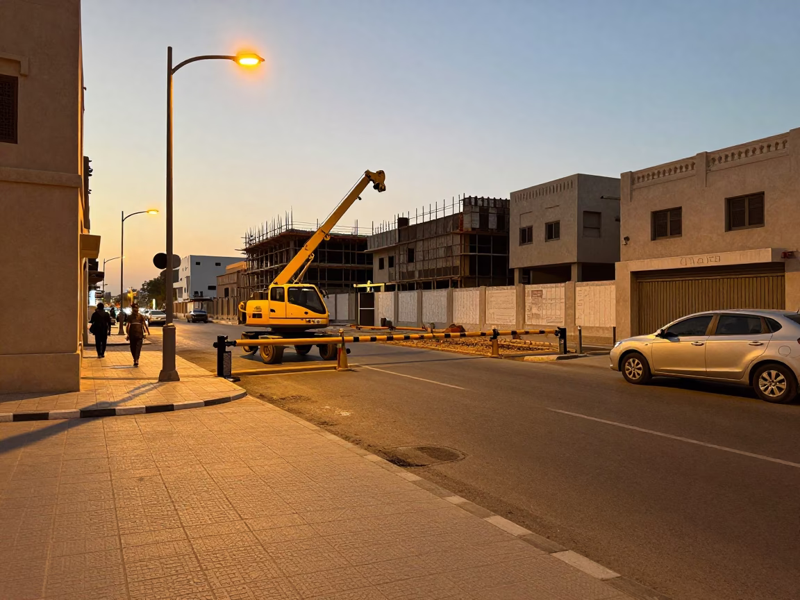 Muscat Oman Early Evening Street Scene with Construction Site and Distant Cargo Ship in in Muscat, Oman