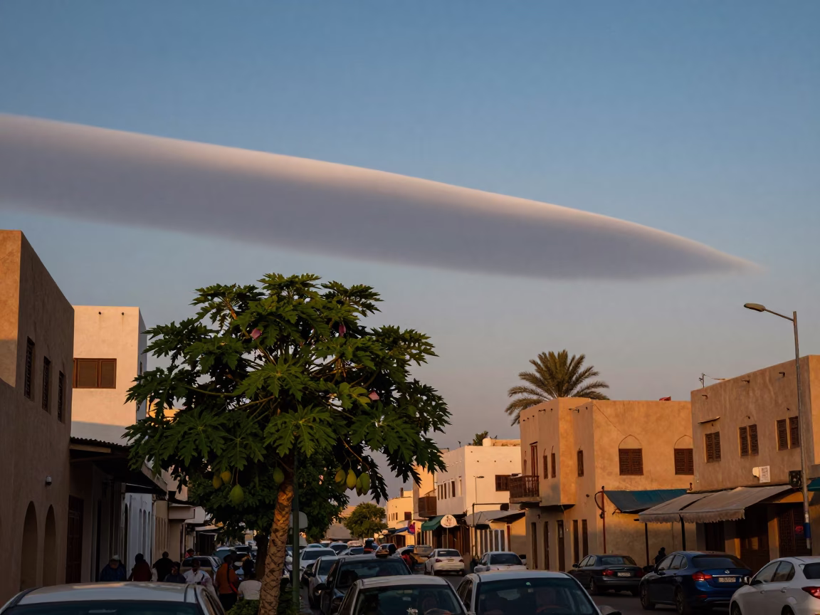 Muscat Oman Early Evening Street Scene with Papaya Tree and Morning Glory Clouds in in Muscat, Oman