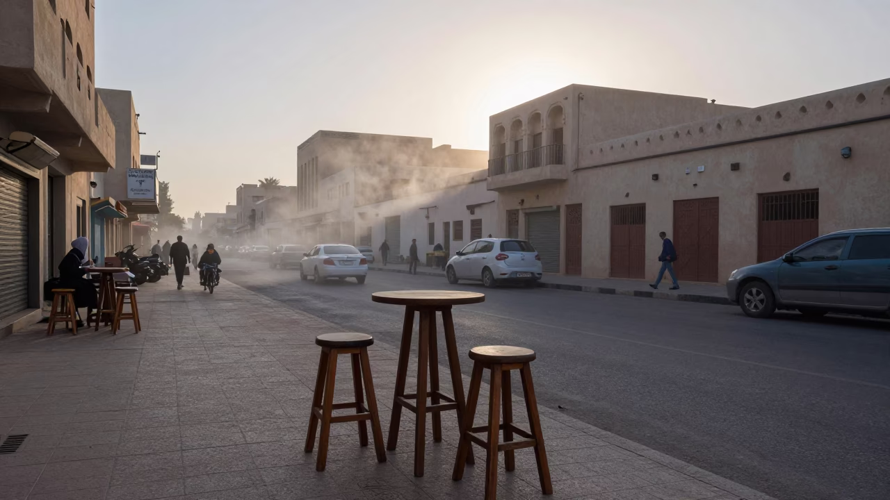Muscat Oman Early Evening Street Scene with Steam Haze and Bar Stools in in Muscat, Oman