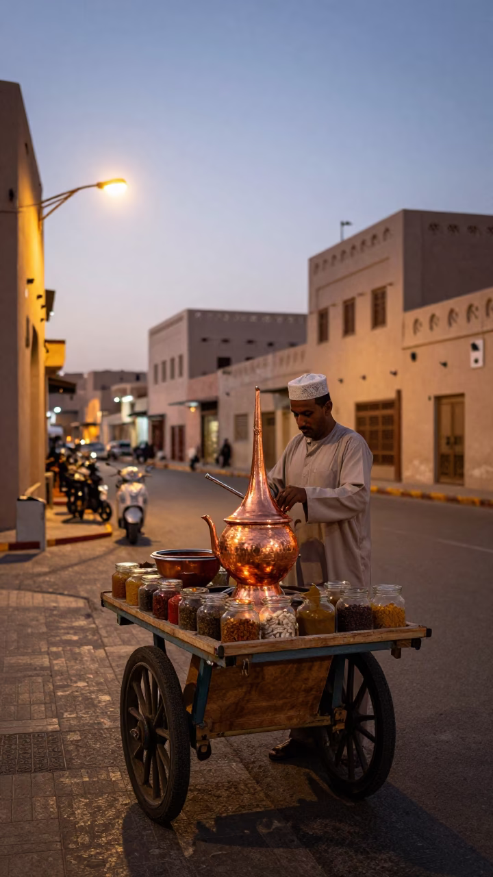 Muscat Oman Early Evening Street Scene with Traditional Copper Mortar Pestle and Local Vendor in in Muscat, Oman