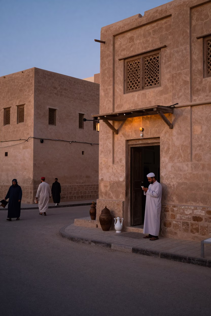 Muscat Oman Early Evening Street Scene with Traditional Pitcher and Local Life in in Muscat, Oman