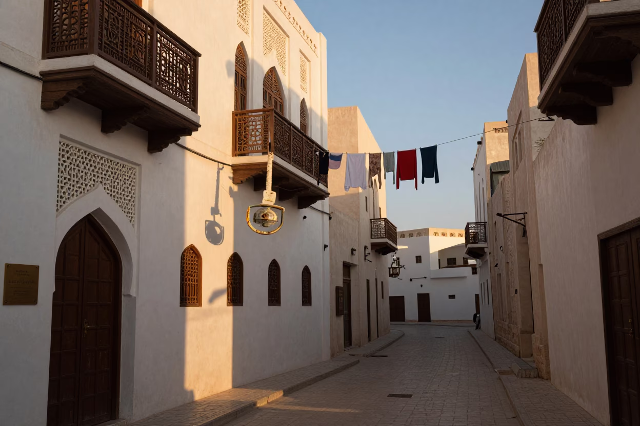 Muscat Oman Early Evening Street Scene with Turnbuckle and Traditional Architecture in in Muscat, Oman