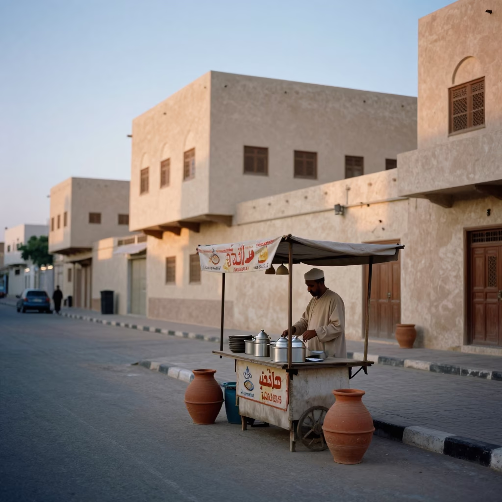 Muscat Oman Early Morning Street Scene with Traditional Terracotta Pot and Local Vendor in in Muscat, Oman