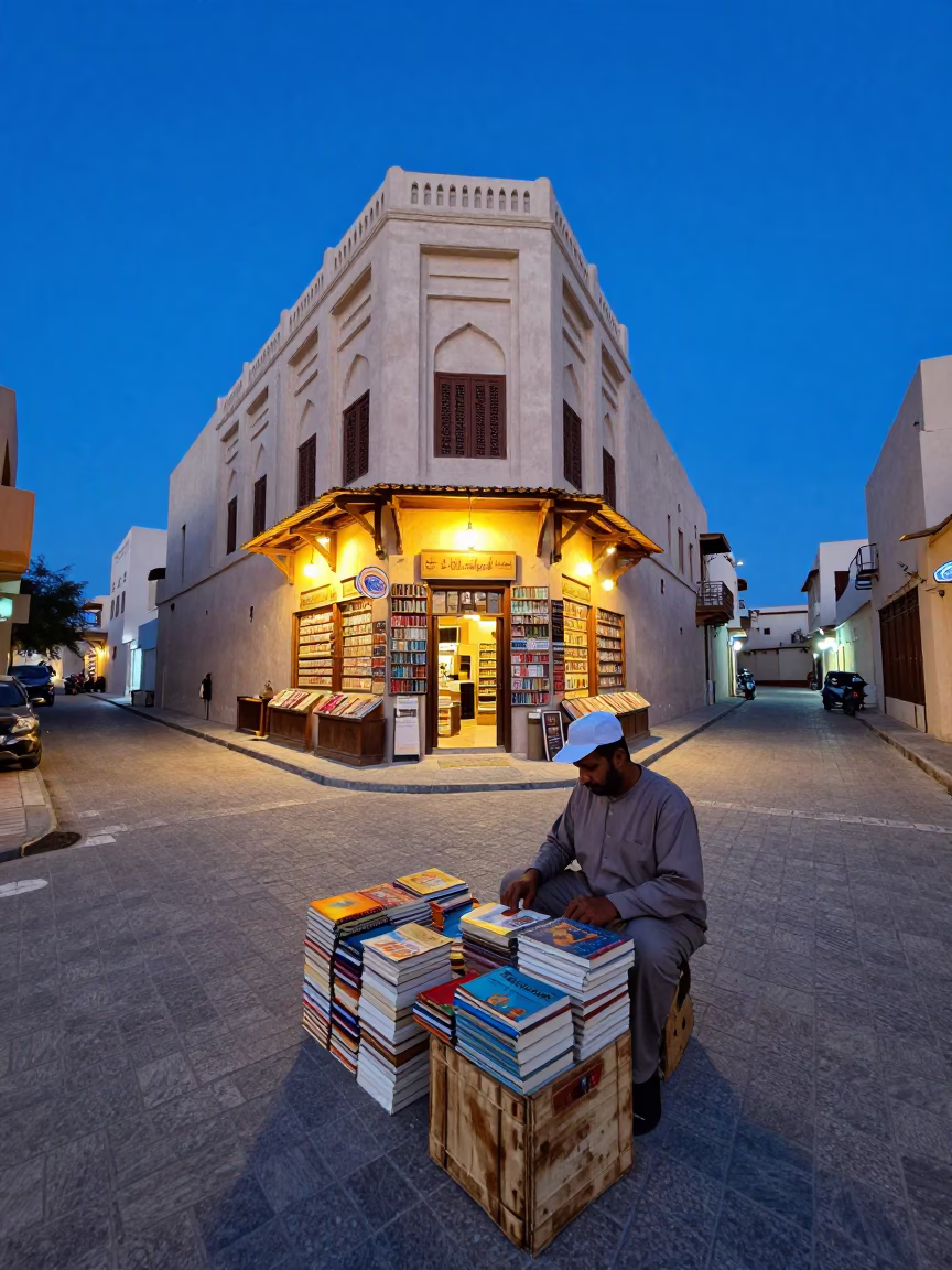 Muscat Oman Evening Blue Hour Street Scene with Books and Passion Flower in in Muscat, Oman