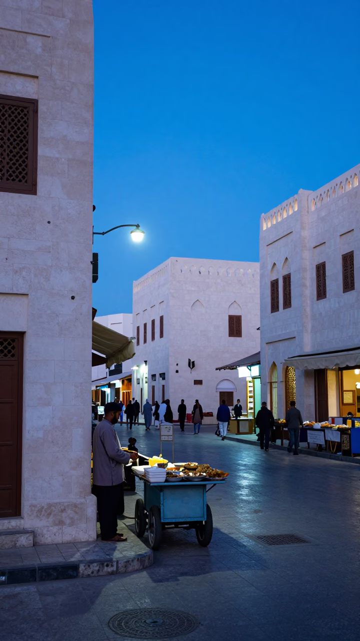 Muscat Oman evening blue light street scene with local food vendor and traditional architecture in in Muscat, Oman