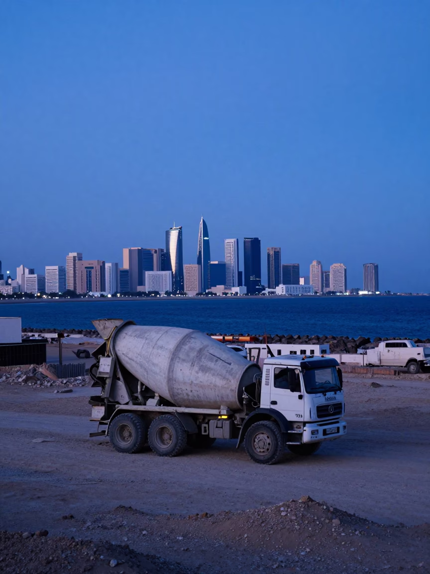 Muscat Oman Evening Landscape with Cement Mixer and Coastal Blue Light in in Muscat, Oman
