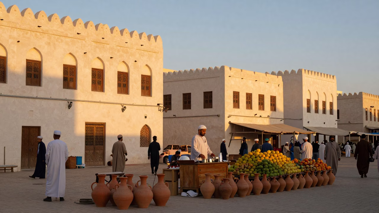 Muscat Oman Evening Market Scene with Clay Pots and Fruit Bowl in in Muscat, Oman
