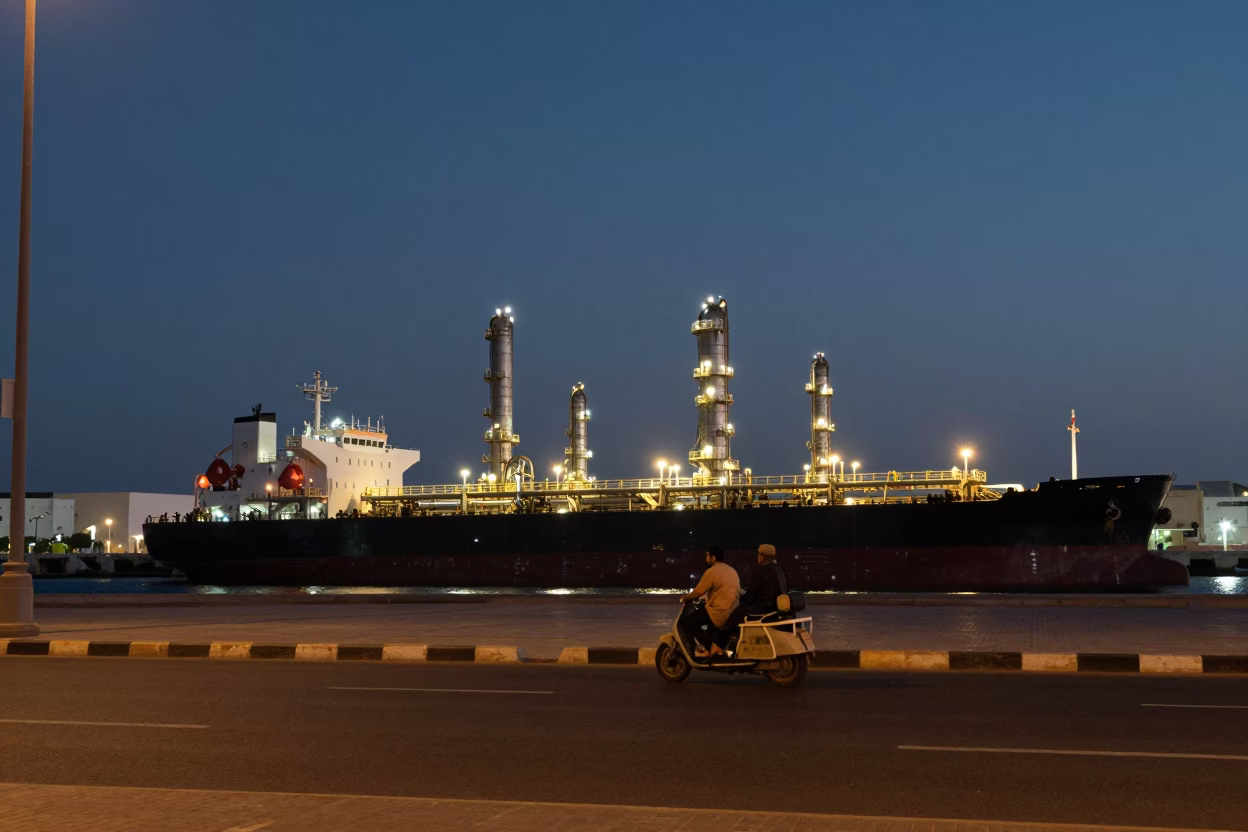 Muscat Oman Evening Street Scene Tanker Ship Refinery Dock and City Lights in in Muscat, Oman