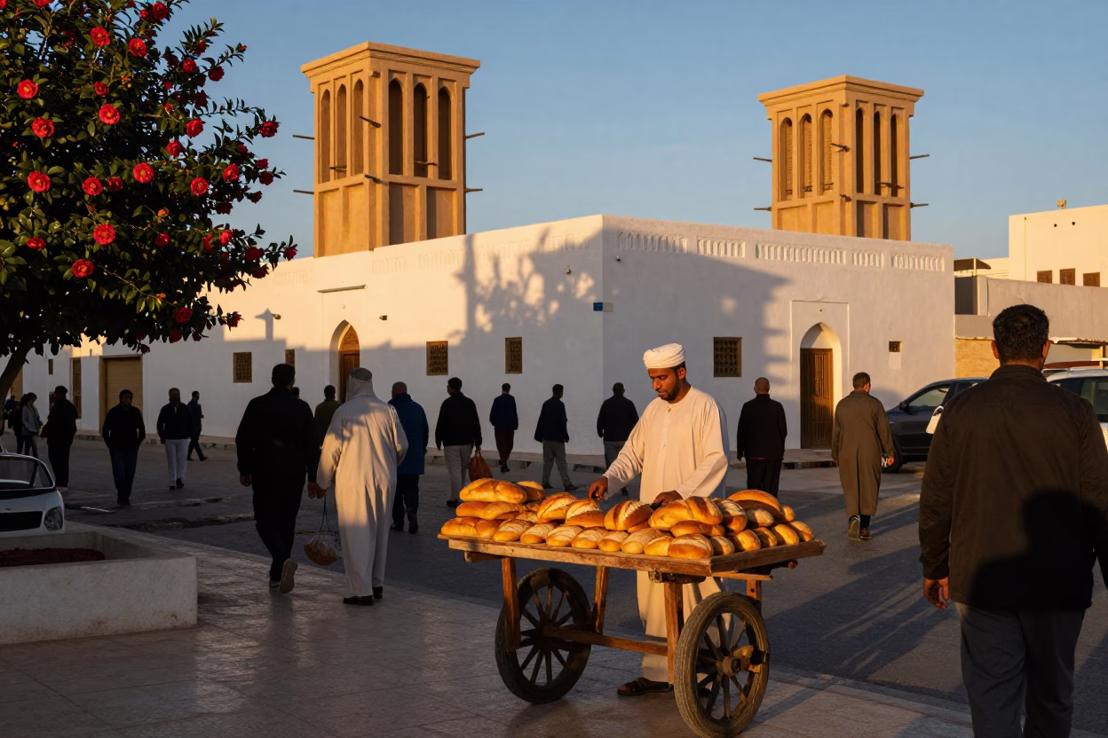Muscat Oman Evening Street Scene with Camellia and Bread in in Muscat, Oman