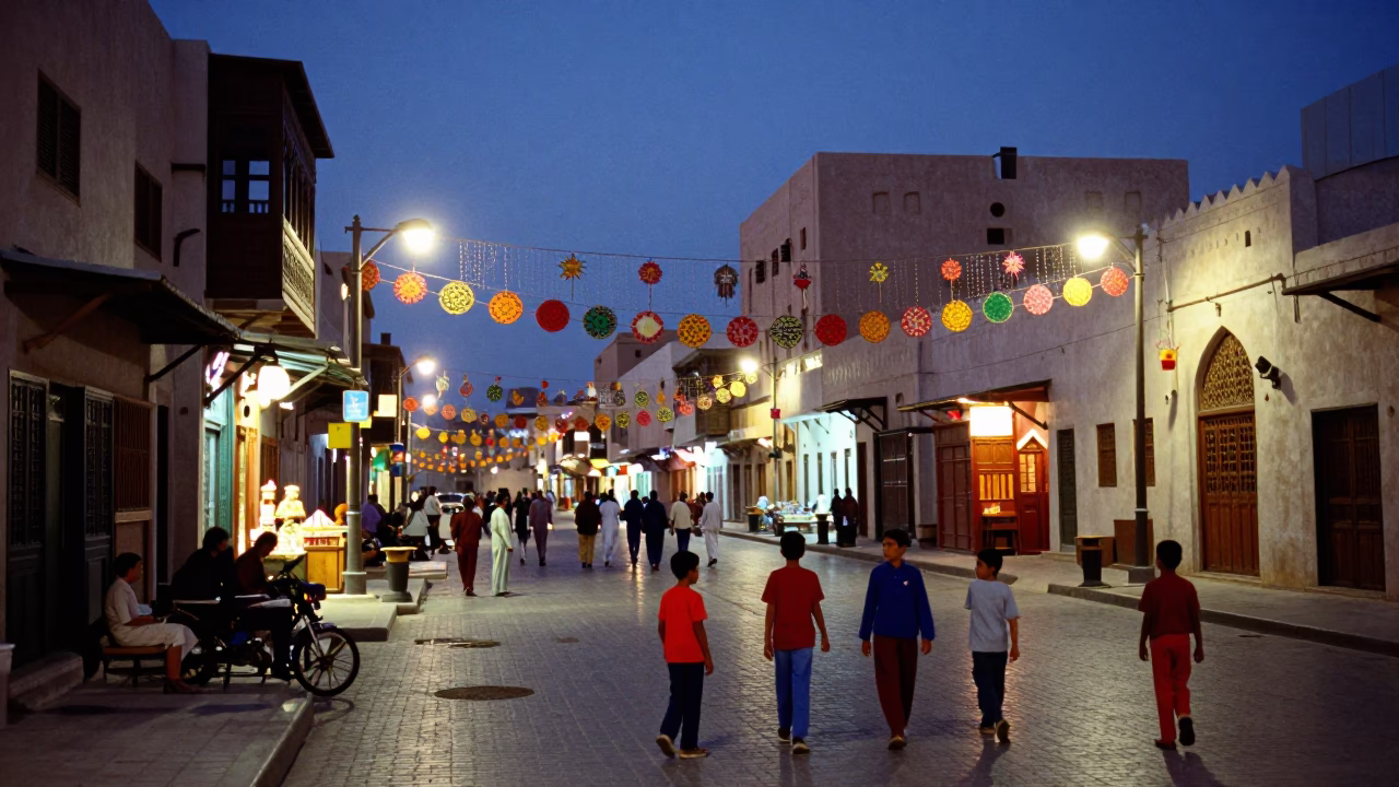 Muscat Oman Evening Street Scene with Colorful Decorations and Local Life in in Muscat, Oman