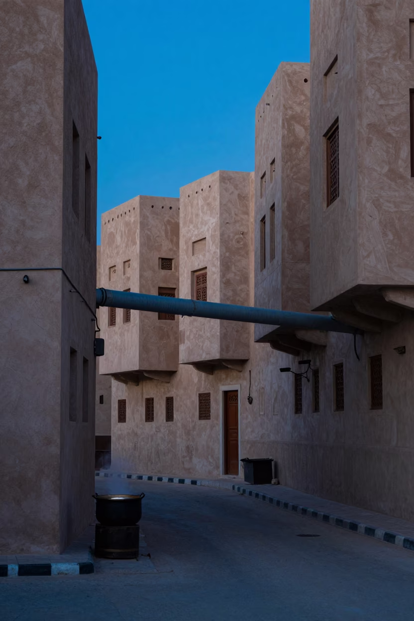 Muscat Oman evening street scene with cooking pot and concrete apartment blocks in in Muscat, Oman