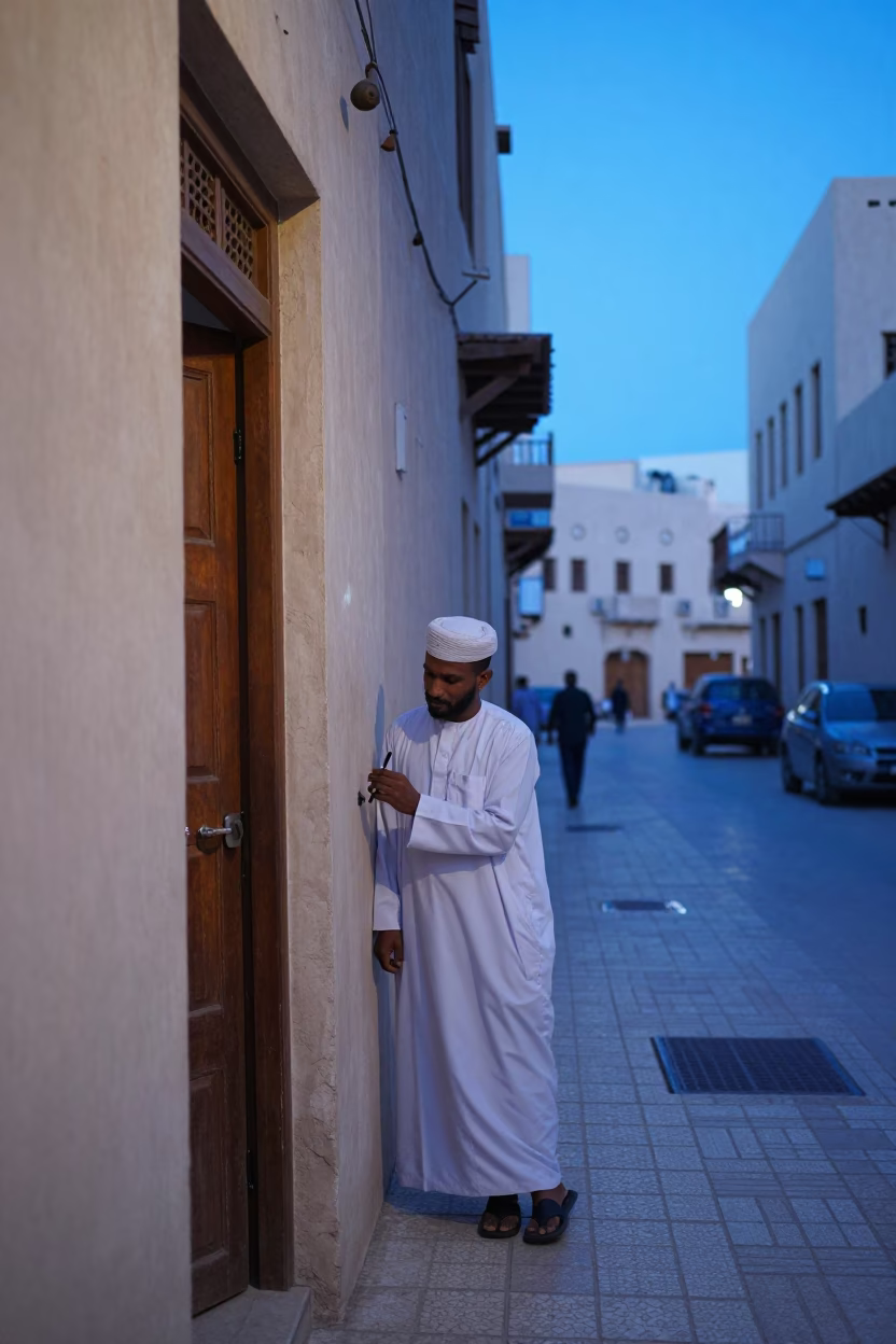 Muscat Oman Evening Street Scene with Fountain Pen and Doorknob Details in in Muscat, Oman