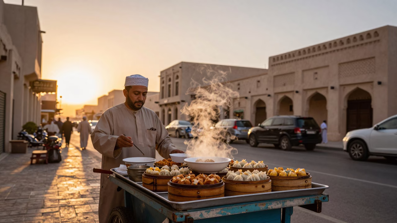 Muscat Oman Evening Street Scene with Local Food and Traditional Details in in Muscat, Oman