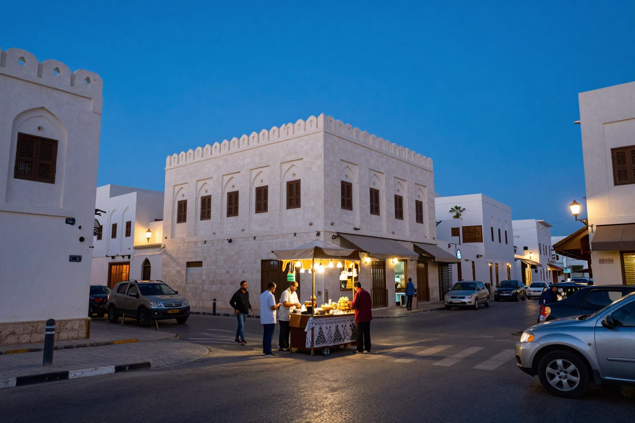 Muscat Oman Evening Street Scene with Local Tea Service and Traditional Architecture in in Muscat, Oman