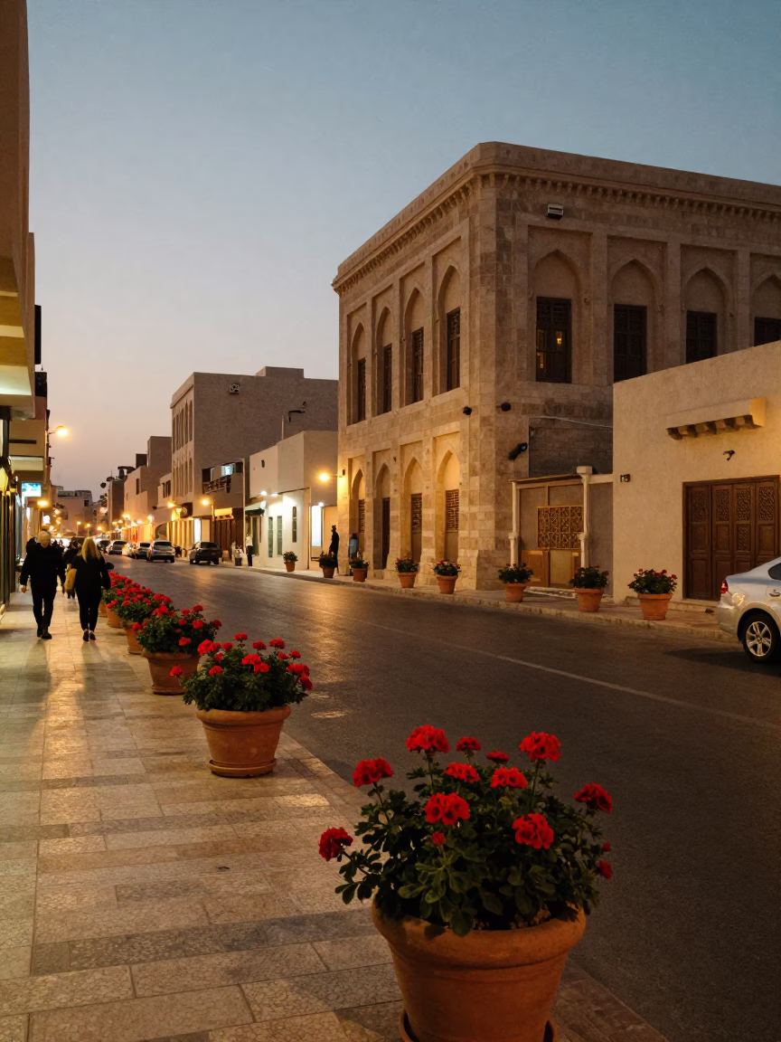 Muscat Oman Evening Street Scene with Potted Geraniums and City Lights in in Muscat, Oman