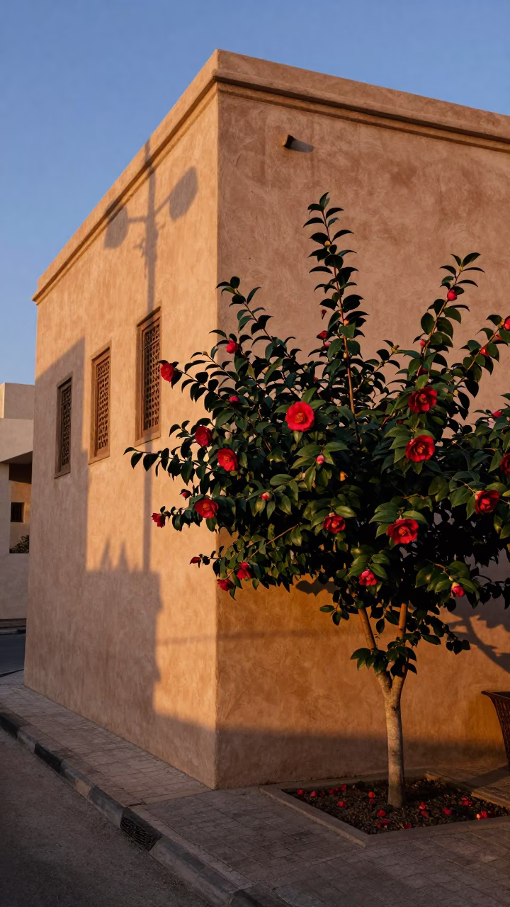 Muscat Oman Evening Street Scene with Red Camellia and Leaf Shadows in in Muscat, Oman