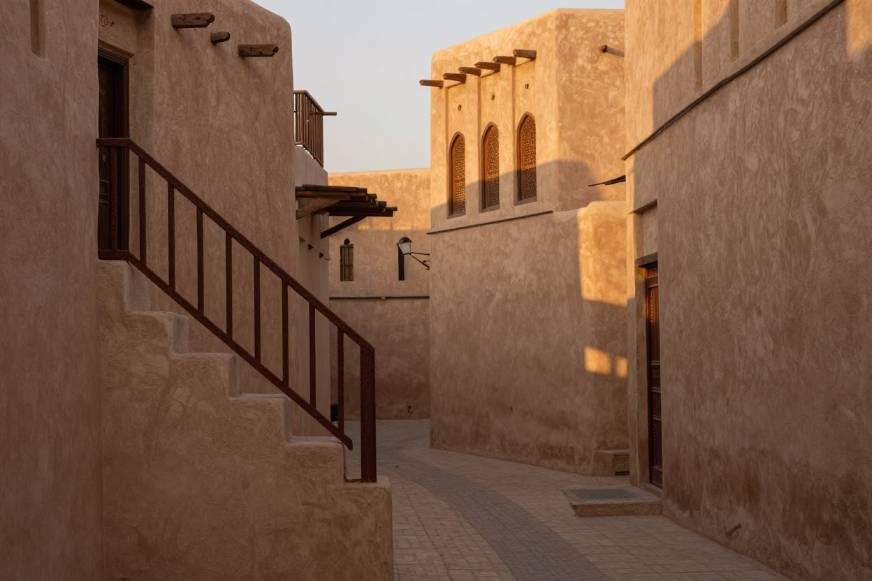 Muscat Oman Evening Street Scene with Rusty Stair Rail and Local Life in in Muscat, Oman