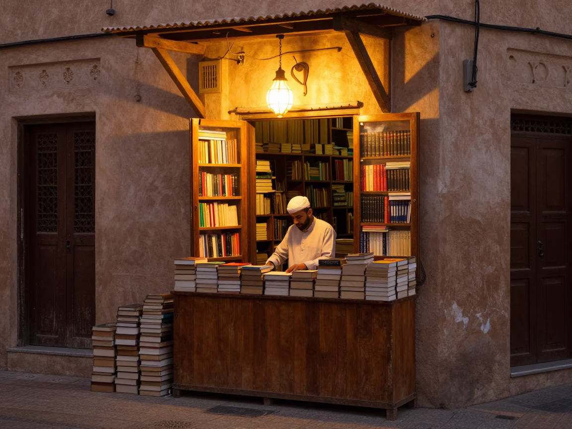 Muscat Oman Evening Street Scene with Stacked Books and Amber Lamp Light in in Muscat, Oman