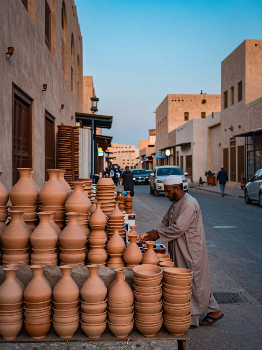 Muscat Oman Evening Street Scene with Stacked Pottery and Local Commerce in in Muscat, Oman