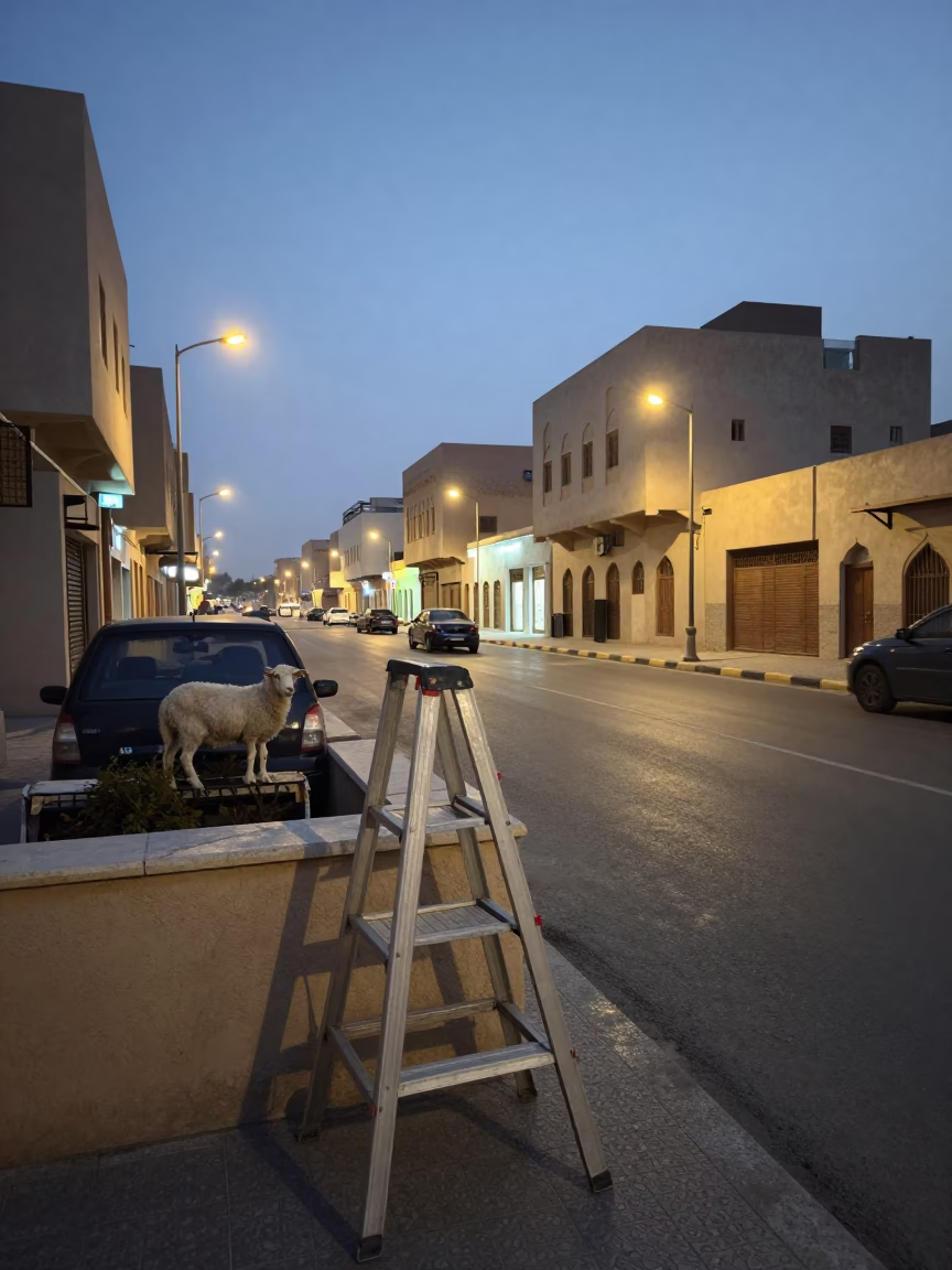 Muscat Oman Evening Street Scene with Step Ladder and Lamb Tagine Plate in in Muscat, Oman