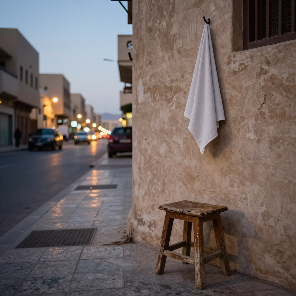 Muscat Oman Evening Street Scene with Stool and Towel Hook Details in in Muscat, Oman