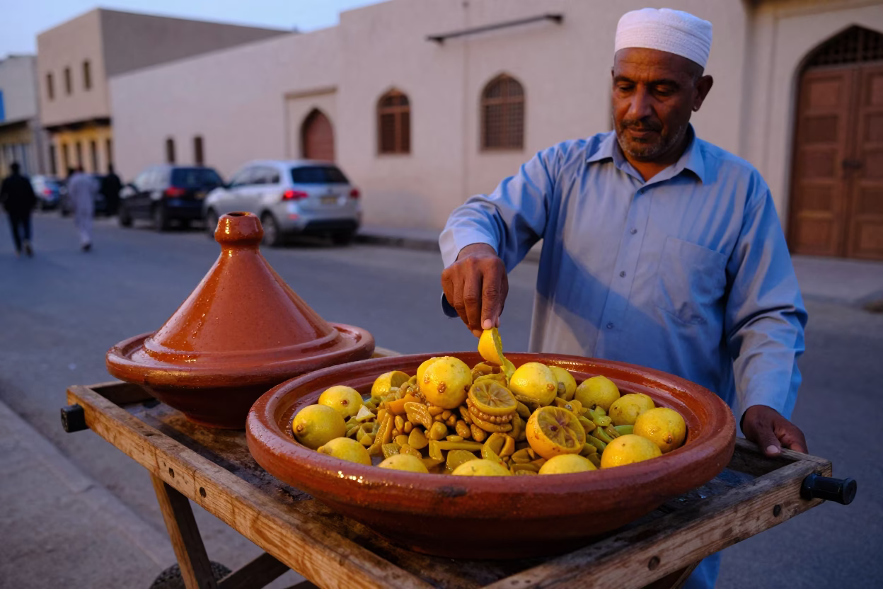 Muscat Oman Evening Street Scene with Tagine Pot and Preserved Lemons in in Muscat, Oman