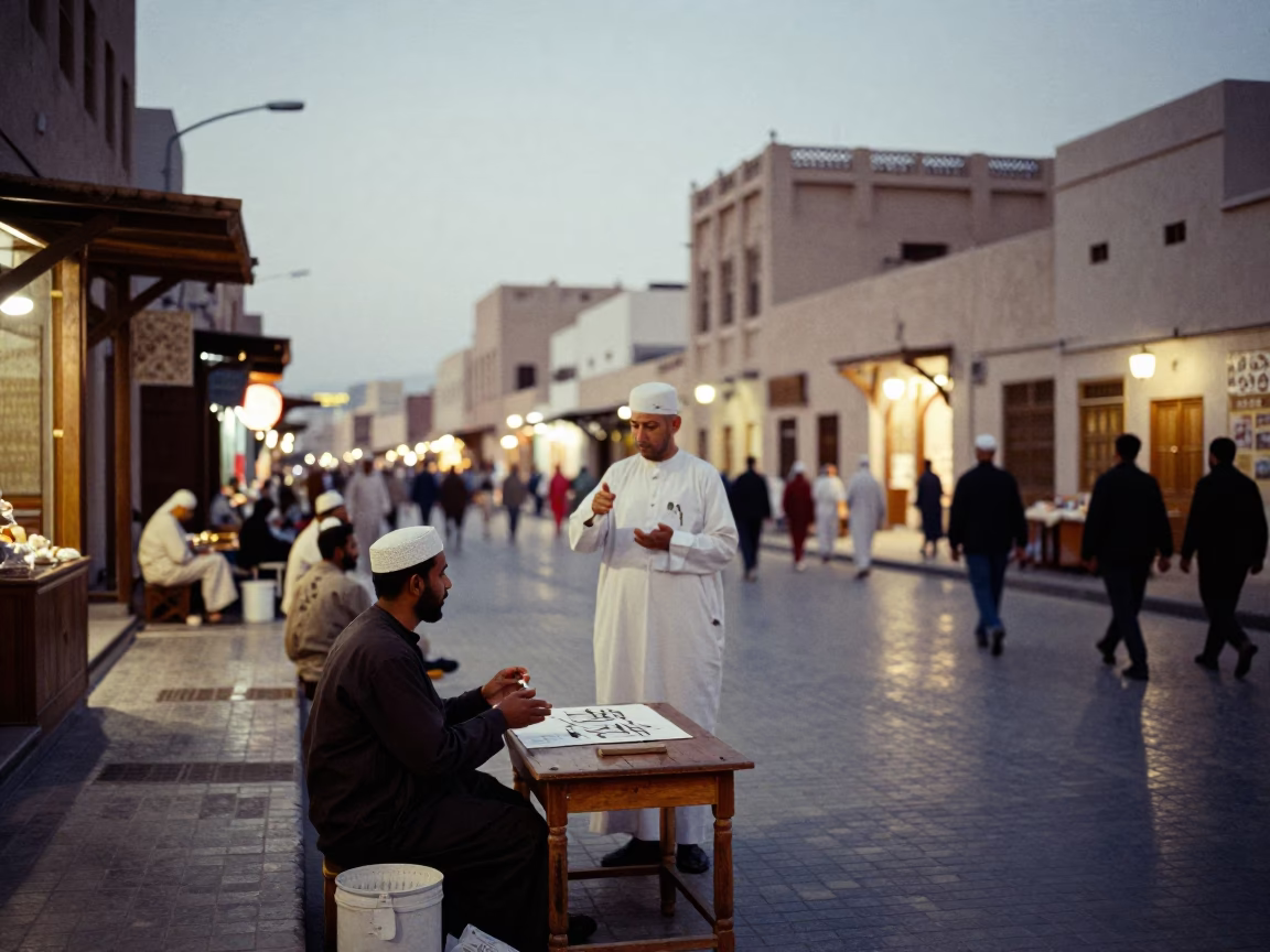 Muscat Oman Evening Street Scene with Traditional Calligraphy Demonstration and Porcelain Jars in in Muscat, Oman