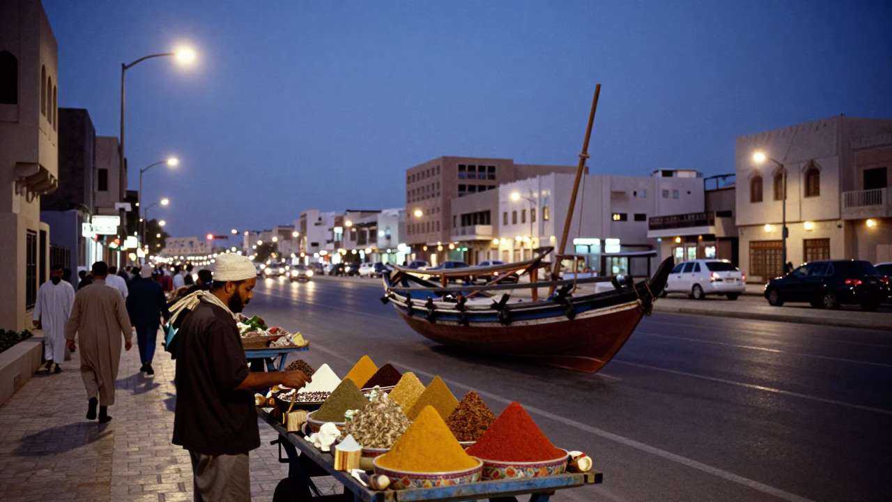 Muscat Oman Evening Street Scene with Traditional Dhow and City Lights in in Muscat, Oman