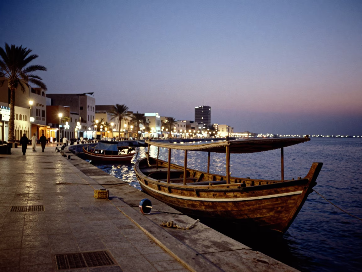Muscat Oman Evening Street Scene with Traditional Dhow and Coastal Lights in in Muscat, Oman