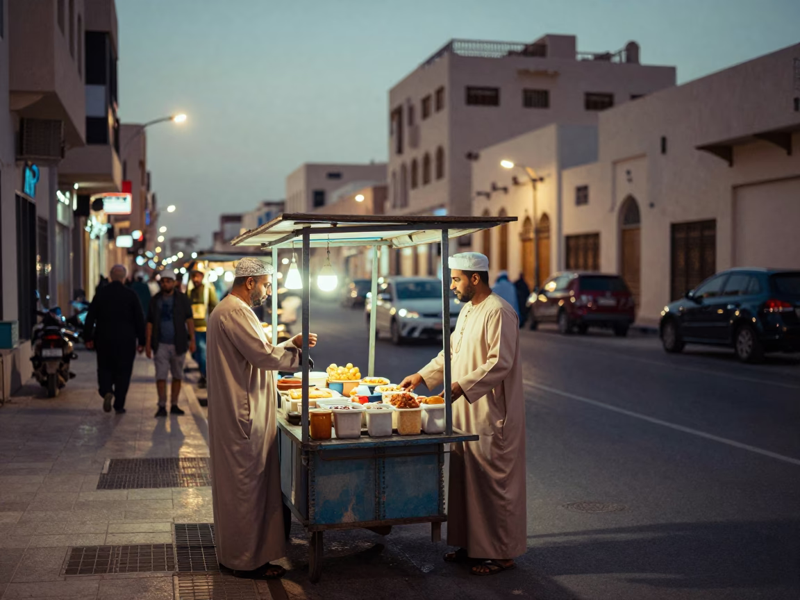 Muscat Oman Evening Street Scene with Traditional Food Vendor and City Lights in in Muscat, Oman