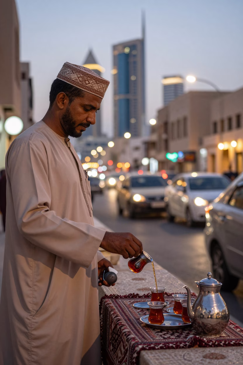 Muscat Oman Evening Street Scene with Traditional Tea and Modern City Lights in in Muscat, Oman
