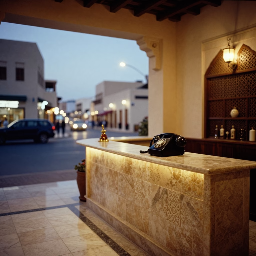 Muscat Oman Evening Street Scene with Vintage Bakelite Telephone at Hotel Reception Desk in in Muscat, Oman