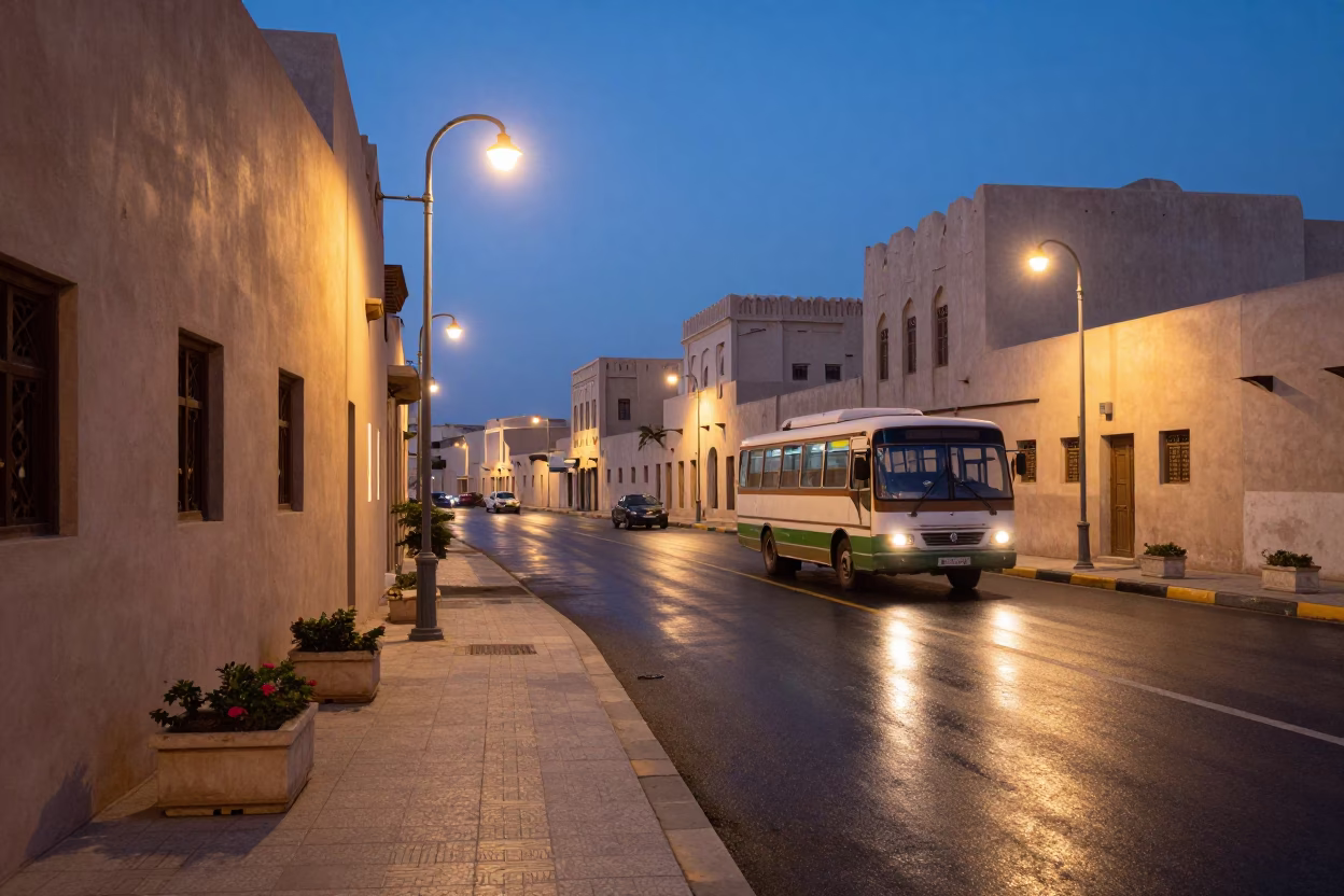 Muscat Oman Evening Street Scene with Window Boxes and Classic Bus in in Muscat, Oman